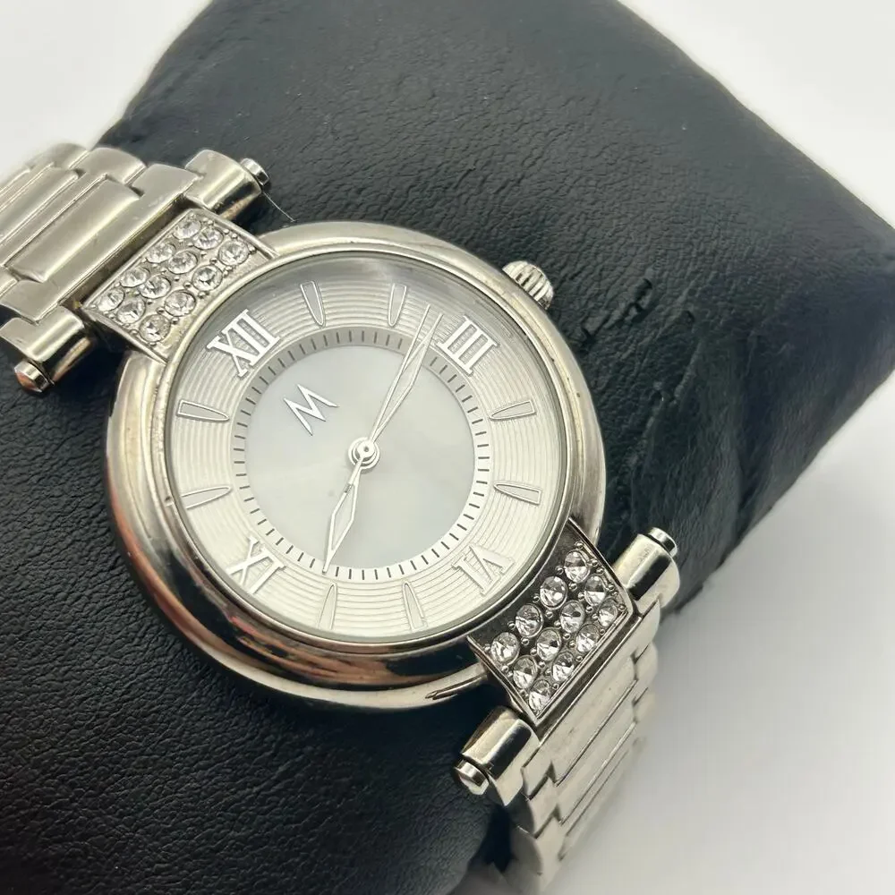 M MEI64 Silver Tone Crystals St. Steel Women’s Watch Working New Battery